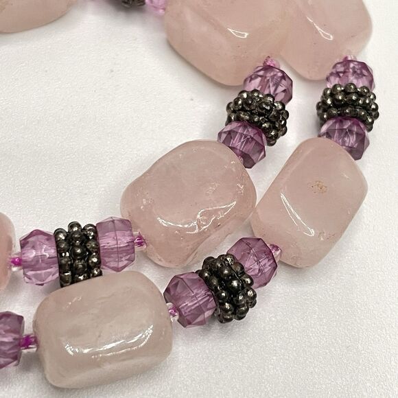 Artisan Made Rose Quartz Gemstone Purple Glass Beaded Knotted Necklace Boho - Picture 4 of 6